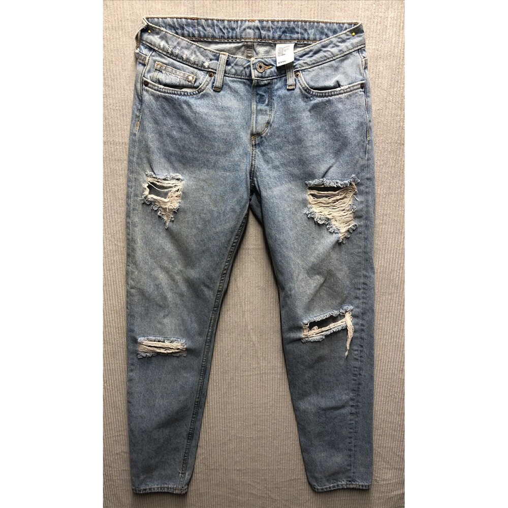 H&M Denim Boyfriend Jeans 25/32 Low Waist Tapered Leg Stained Factory Destroyed
